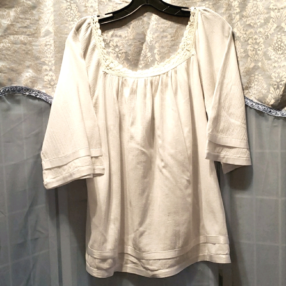 LORD & TAYLOR WHITE GAUZE PEASANT TUNIC TOP SZ L
